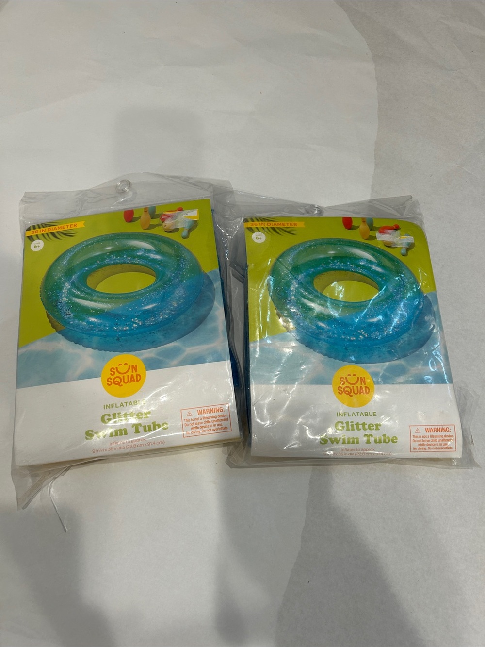 Sun Squad Summer Inflatable Blue Glitter Swim Tube 2 pack 36” diameter bundle